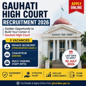 Gauhati High Court Recruitment 2026 feature image showing 5 vacancies for Private Secretary, Chauffeur (Driver) and Multi Tasking Staff (MTS) with apply online last date 30 July 2026.