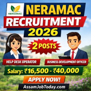 NERAMAC Recruitment 2026 notification thumbnail for Help Desk Operator and Business Development Officer jobs in Assam with salary ₹16500 to ₹40000 apply now