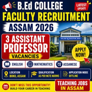 B.Ed College Faculty Recruitment Assam 2026 thumbnail showing 3 Assistant Professor vacancies in Boko Assam for English Mathematics Assamese apply now