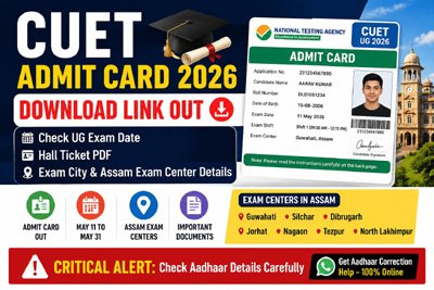 CUET UG 2026 Admit Card download link out with Assam exam center details, hall ticket PDF, exam dates, Aadhaar mismatch alert and NTA CUET exam update for students
