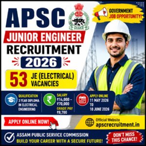 APSC Junior Engineer Recruitment 2026 thumbnail showing 53 JE Electrical vacancies, salary ₹14,000–₹70,000, Assam Government job apply online notification
