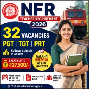 NF Railway Teacher Recruitment 2026 feature image showing 32 PGT TGT PRT Railway Teacher vacancies in Assam with salary up to ₹27,500 and walk-in interview details
