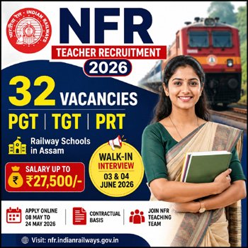 NF Railway Teacher Recruitment 2026 feature image showing 32 PGT TGT PRT Railway Teacher vacancies in Assam with salary up to ₹27,500 and walk-in interview details