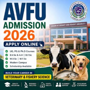 AVFU Admission 2026 apply online feature image for Assam Veterinary and Fishery University UG PG admission including B.V.Sc B.F.Sc M.V.Sc and M.F.Sc courses
