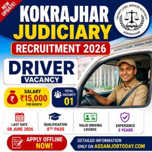 Kokrajhar Judiciary Recruitment 2026 Driver Vacancy thumbnail showing ₹15,000 salary, 1 post, 8th pass qualification and offline application details