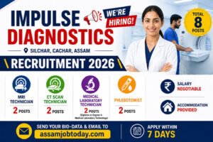 Impulse Diagnostics Silchar Recruitment 2026 poster showing MRI Technician, CT Scan Technician, Lab Technician and Phlebotomist jobs in Silchar Assam with 8 vacancies