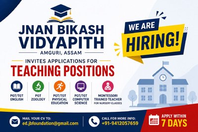 Jnan Bikash Vidyapith Amguri Assam recruitment 2026 teaching jobs PGT TGT Montessori teacher vacancy apply