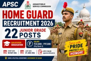 APSC Home Guard Recruitment 2026 official feature image showing Assam Home Guard Junior Grade vacancy for 22 posts with salary, qualification and apply online details