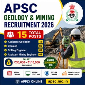 APSC Geology and Mining Recruitment 2026 notification for 15 Assistant Geologist, Chemist, Drilling Engineer and Assistant Mining Engineer posts in Assam Government Jobs