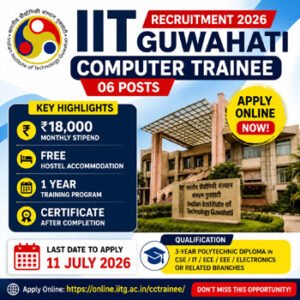 IIT Guwahati Recruitment 2026 notification featuring 06 Computer Trainee posts with ₹18,000 monthly stipend, free hostel accommodation, one-year training, and online application before 11 July 2026.