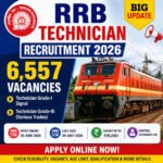 RRB Technician Recruitment 2026 notification featuring 6557 Technician Grade I Signal and Technician Grade III vacancies with salary up to ₹29,200 and online application details.