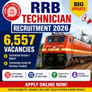 RRB Technician Recruitment 2026 notification featuring 6557 Technician Grade I Signal and Technician Grade III vacancies with salary up to โน29,200 and online application details.
