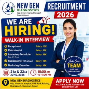 New Gen Diagnostics Recruitment 2026 Guwahati Private Job Vacancy for Receptionist Phlebotomist Laboratory Technician Radiographer and Marketing Executive