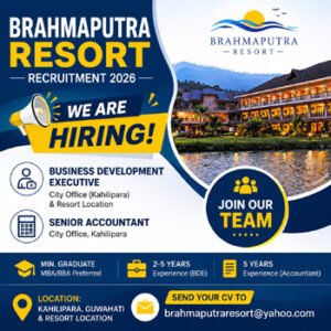 Brahmaputra Resort Recruitment 2026 feature image showing Business Development Executive and Senior Accountant vacancy in Guwahati Assam, apply online for private jobs in Assam.