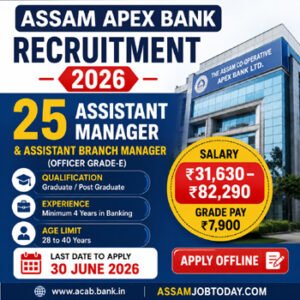 Assam Apex Bank Recruitment 2026 notification for 25 Assistant Manager and Assistant Branch Manager posts with salary ₹31,630 to ₹82,290 and offline application details.