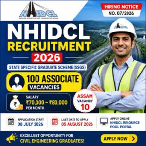 NHIDCL Recruitment 2026 feature image showing 100 Associate vacancies under the NHIDCL State Specific Graduate Scheme with ₹70,000–₹80,000 salary and 10 Assam vacancies.