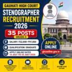Gauhati High Court Stenographer Recruitment 2026 feature image showing 35 Grade-II posts, Assam District Court Stenographer Vacancy 2026, salary ₹22,000–₹97,000 and apply online details.