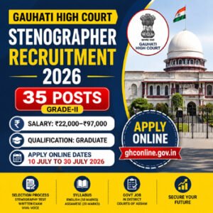 Gauhati High Court Stenographer Recruitment 2026 feature image showing 35 Grade-II posts, Assam District Court Stenographer Vacancy 2026, salary ₹22,000–₹97,000 and apply online details.