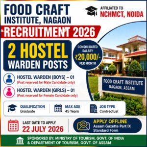 Food Craft Institute Nagaon Recruitment 2026 notification featuring 2 Hostel Warden vacancies, ₹20,000 salary, graduate qualification, offline application and last date 22 July 2026