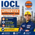 IOCL Apprentice Bongaigaon Recruitment 2026 feature image showing 145 Apprentice vacancies at Bongaigaon Refinery for 12th Pass, ITI, Diploma, BA, B.Sc., and B.Com candidates with online application details.