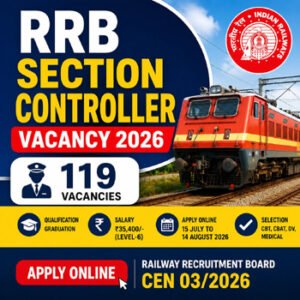 Railway Section Controller Vacancy 2026 feature image showing RRB Section Controller Recruitment 2026 with 119 vacancies, ₹35,400 salary, CEN 03/2026 notification, eligibility and apply online details.