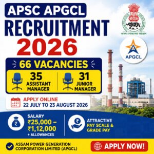 APSC APGCL Recruitment 2026 feature image showing 66 Assistant Manager and Junior Manager vacancies, salary, eligibility, and online application dates for Assam Power Generation Corporation Limited.