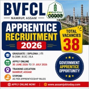 BVFCL Apprentice Recruitment 2026 feature image showing 38 Apprentice vacancies at Brahmaputra Valley Fertilizer Corporation Limited (BVFCL), Namrup, Assam with Graduate, Diploma and ITI Apprentice recruitment details.
