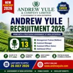 Andrew Yule Recruitment 2026 feature image showing 13 vacancies for Management Trainee, Assistant Manager, Assistant Officer (Sales), and Additional Officer with salary up to ₹77,050 and last date 26 July 2026.