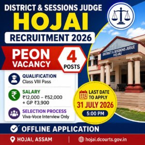 District & Sessions Judge Hojai Recruitment 2026 featured image showing 4 Peon vacancies, Class VIII qualification, salary โน12,000โโน52,000, and last date 31 July 2026.