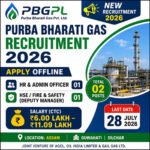 Purba Bharati Gas Recruitment 2026 feature image showing 2 vacancies for HR & Admin Officer and HSE Fire & Safety Deputy Manager with salary up to ₹11.09 lakh and offline application details in Assam.