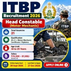 ITBP Recruitment 2026 Head Constable Motor Mechanic 21 Posts