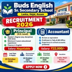 Buds English Sr. Secondary School Recruitment 2026 for Principal and Accountant posts in Lanka Hojai Assam