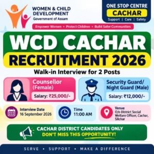 WCD Cachar Recruitment 2026 walk-in interview for Counsellor and Security Guard posts